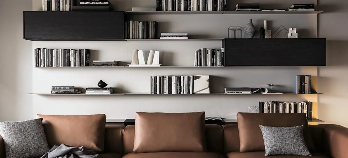 Giellesse library wall unit featured in a modern interior project supplied across Dorset, Hampshire and Surrey.