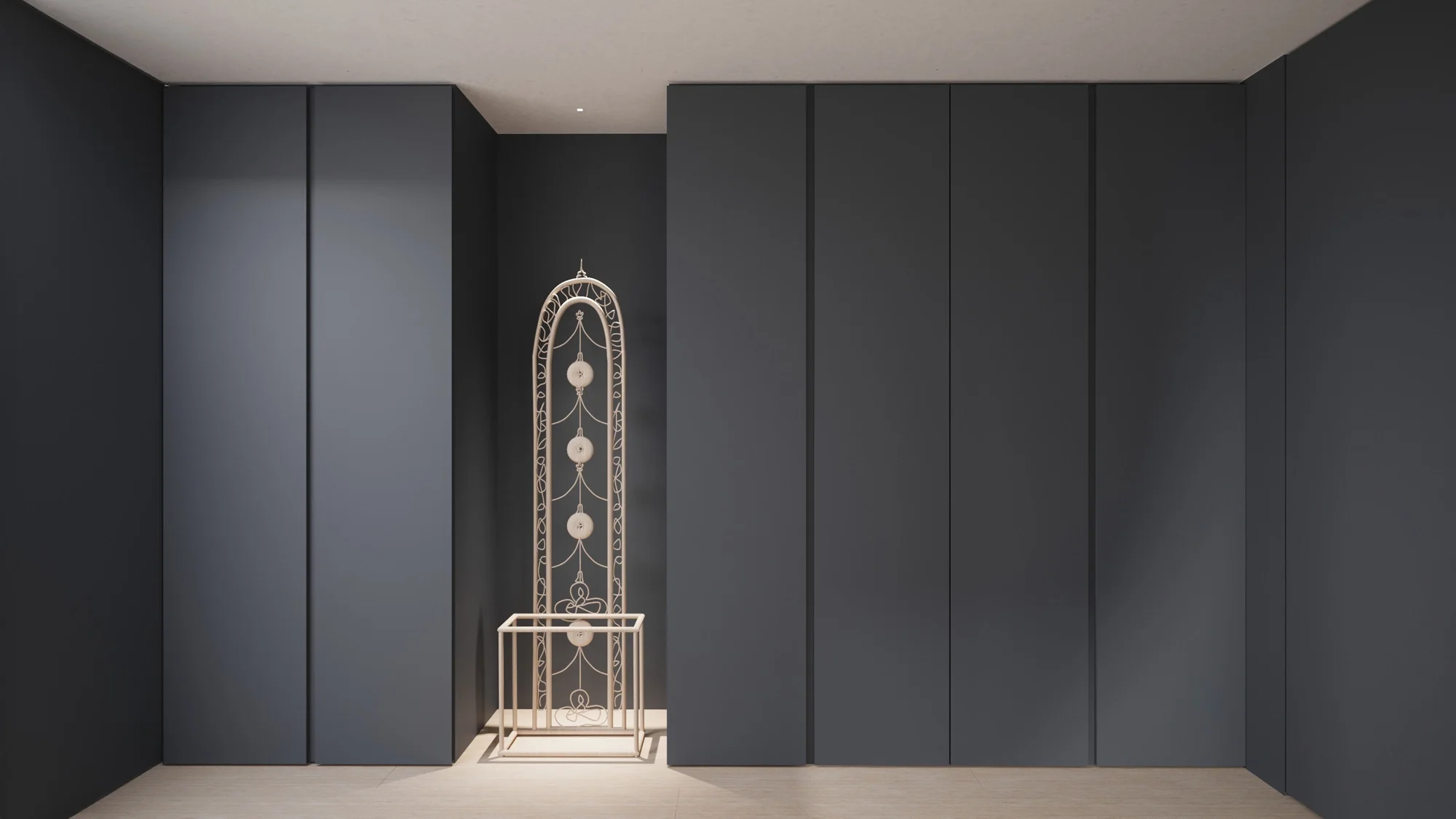 Luxury fitted storage wardrobe with statement framed artwork above in bespoke living room, interior design in Dorset by Abitalia South Coast