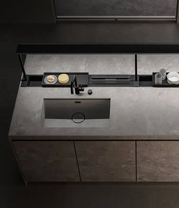 Top-down view of Boffi Inalco MDi modern kitchen countertop with sink, designed by Abitalia South Coast in Dorset, Hampshire, and Surrey