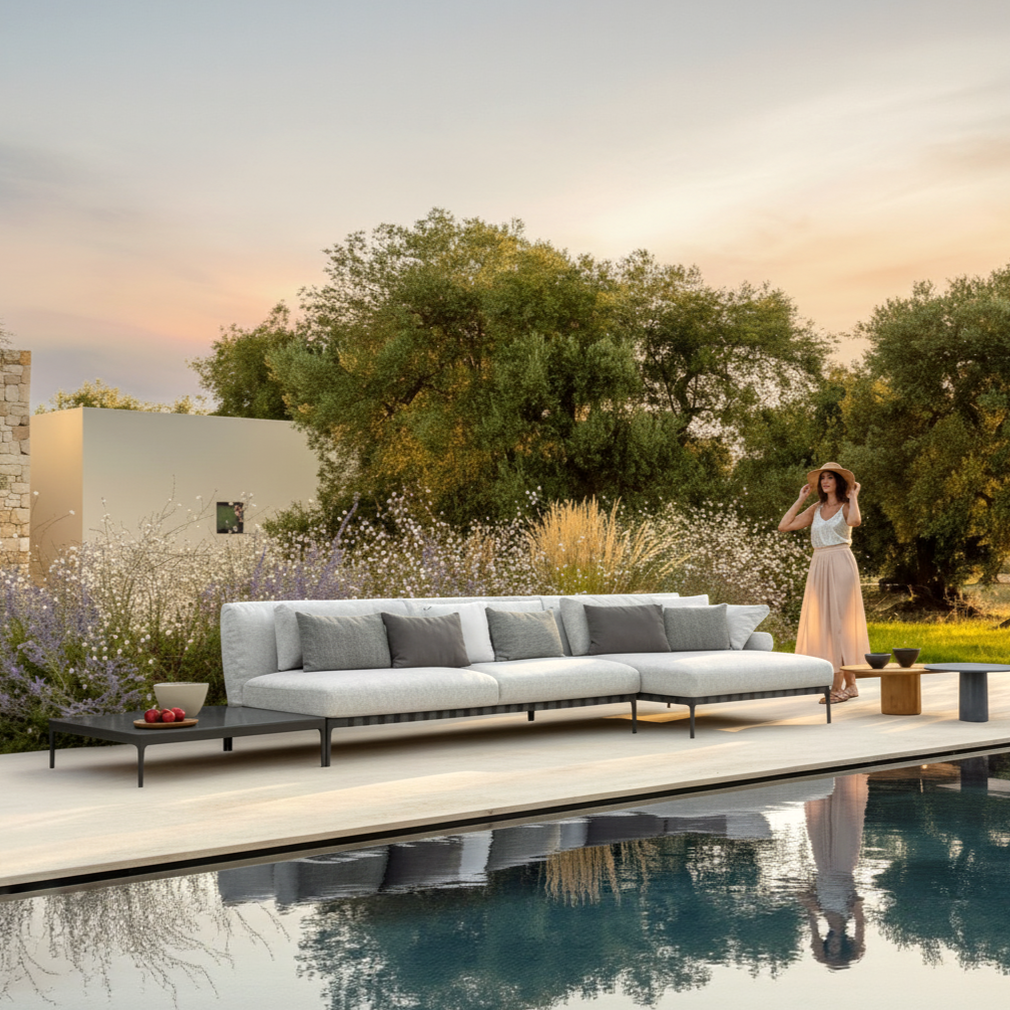 Salinas modular sofa by Talenti with plush cushions in outdoor lounge.