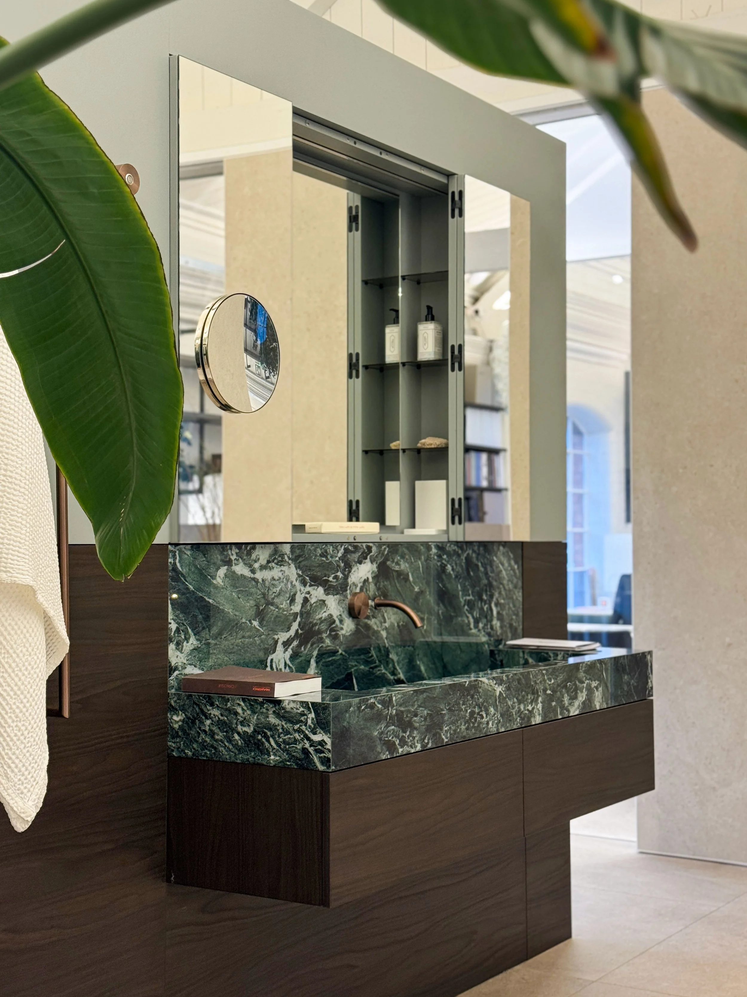 Maxi Sink and Vanity by My Makro with Verde St Denis sink and Noce oak drawer, highlighting minimalist geometry and refined wall integration.