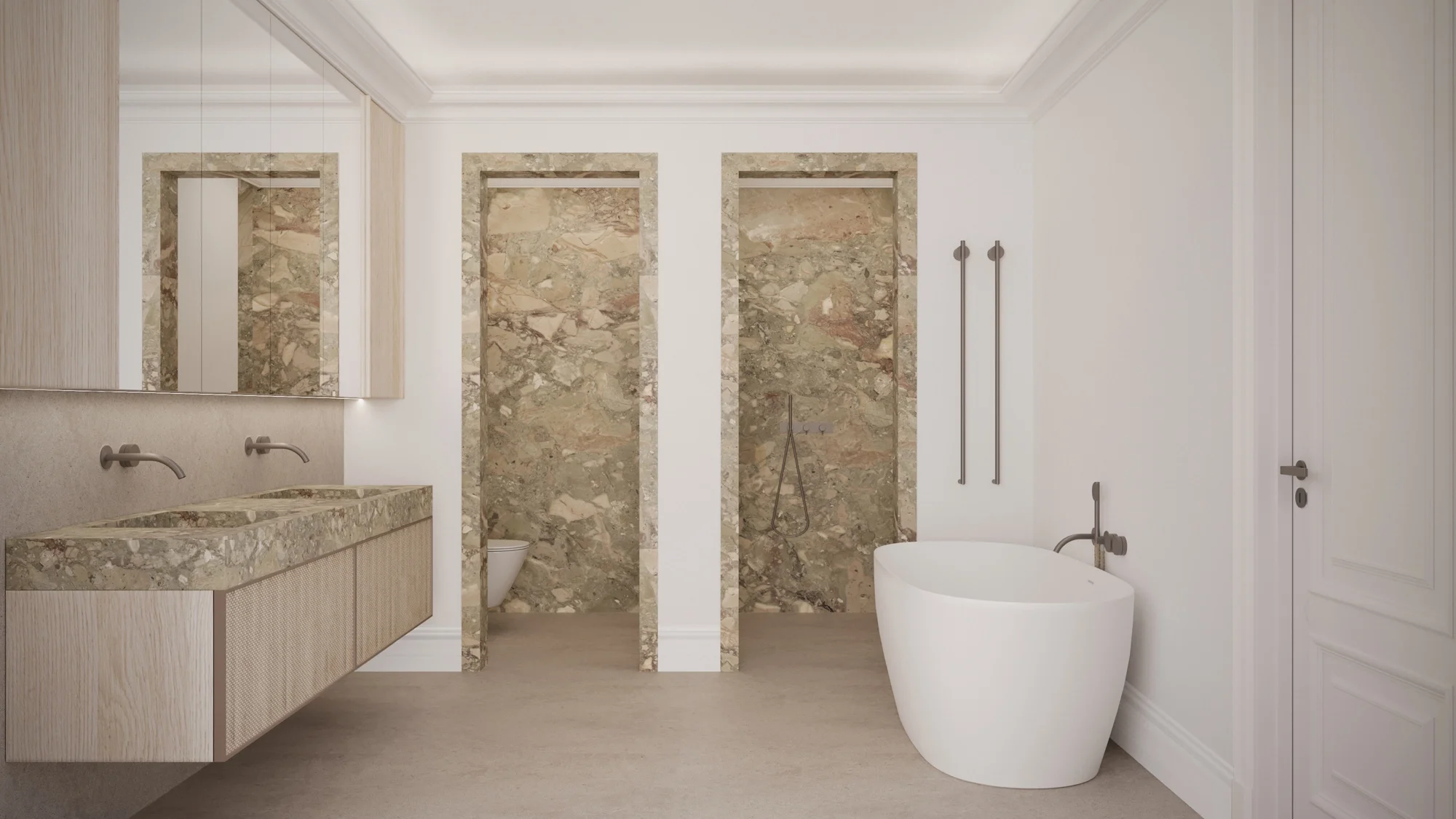 Florim full-height porcelain wall tile and porcelain washbasin in luxury bathroom, specified by bathroom designer Abitalia South Coast in Hampshire.
