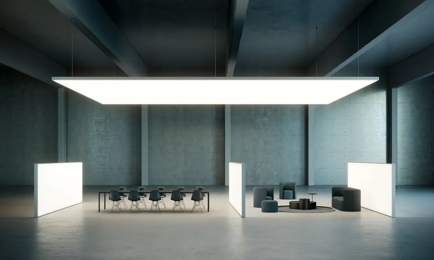 Light Box by Dresswall ceiling fixture with tunable lighting and integrated acoustic panel in modern meeting room.