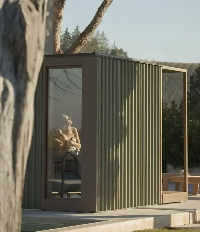 Effe Perfect Wellness Cabanon outdoor sauna designed by Rodolfo Dordoni and Michele Angelini, featuring minimalist design and modern materials, supplied by Abitalia South Coast in Dorset, Hampshire, and Surrey.