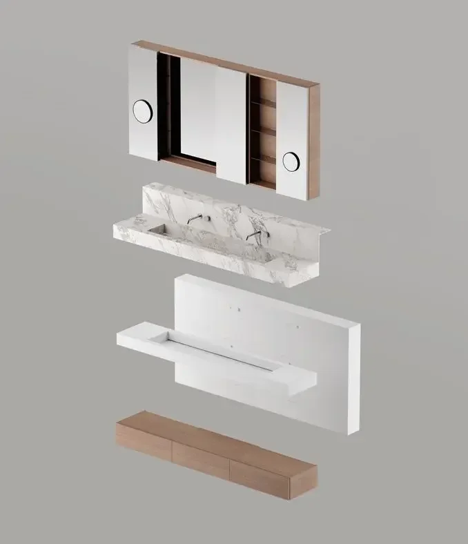Makro Technical bathroom vanity with porcelain sink, wooden cabinet, and wall-mounted mirror, designed by Abitalia South Coast in Poole, Dorset, UK.