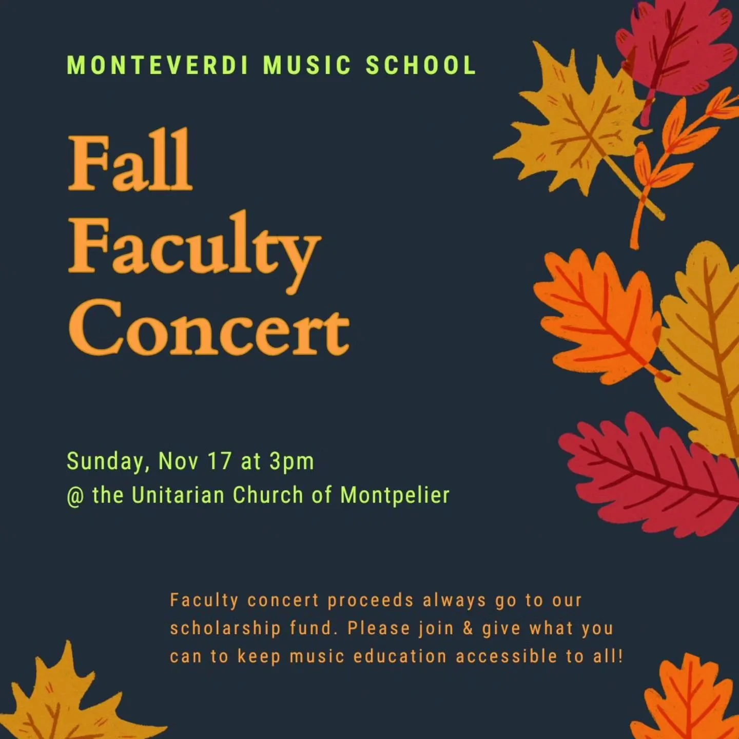 Save the date! Sun, 11/17 @ 3p. Our talented faculty performs to fill our scholarship bucket. All proceeds go to scholarships! Please join us.

#MontP❤️ 
#MonteverdiMusic 
#CommunityMusicSchool 
#CentralVermontArtScene
#MusicIsLife