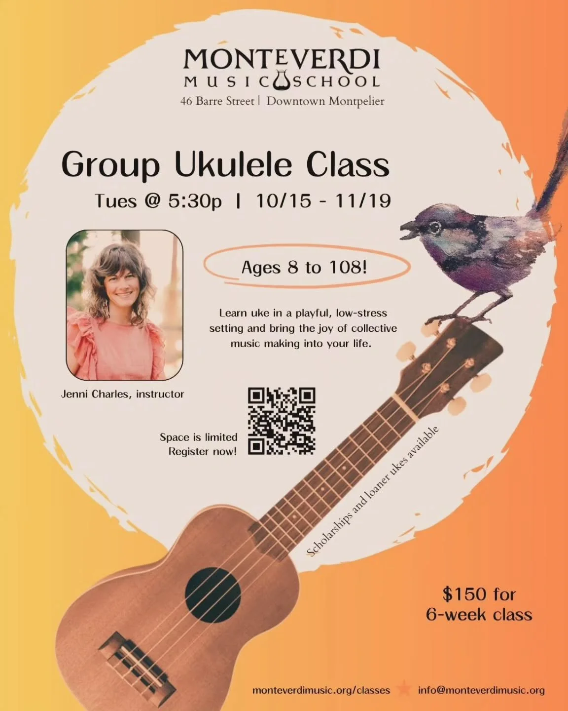 Group Uke class alert! Wanna learn a cute, portable instrument where you can play your fave tunes? Jenni Charles of the @deadwintercarpenters kicks off this all ages, 6-week class on Oct 15! Link in bio
#MontP❤️ 
#UkeLife
#CommunityMusicSchool 
#Musi