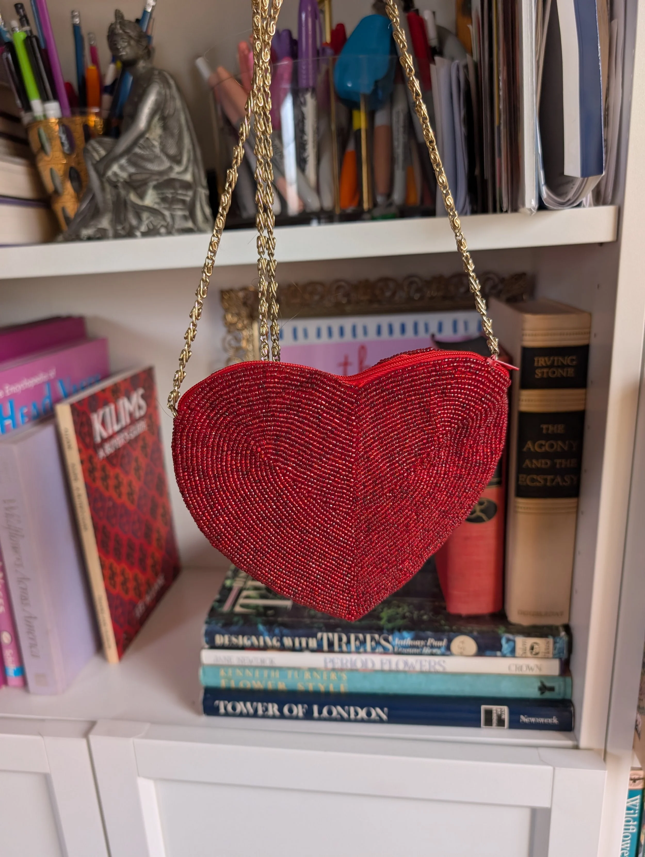 Vintage red beaded heart shaped shoulder bag/clutch