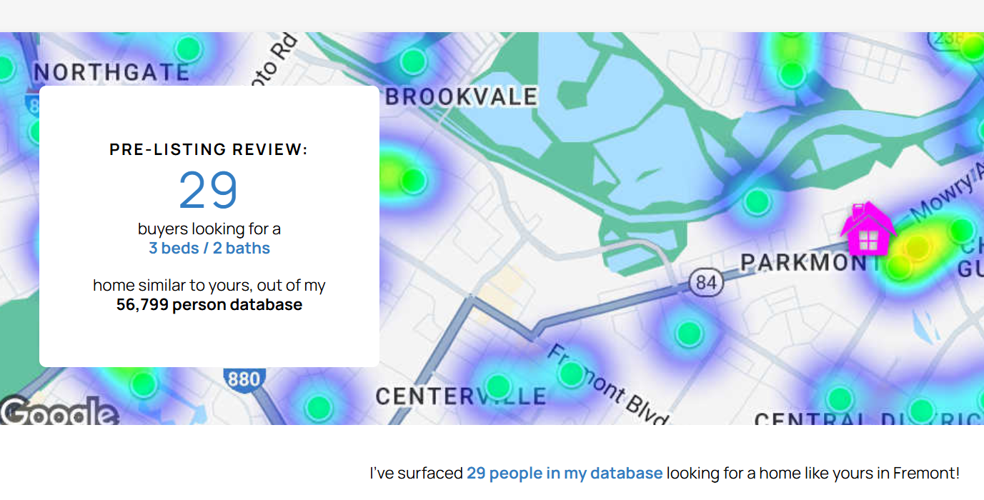Map showing areas in Fremont with heatmap highlights in green and blue, centered around a pink house icon indicating a property, with a pop-up box displaying pre-listing review details of 29 buyers, seeking a 3 bedroom, 2 bathroom home, from a database of 56,799 homes.