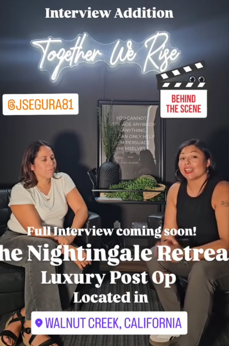 Two women seated and talking in a room with a wall sign that reads 'Together We Rise,' a framed quote, plants, and decor. Text overlays advertise an upcoming interview at the Nightingale Retreat in Walnut Creek, California.
