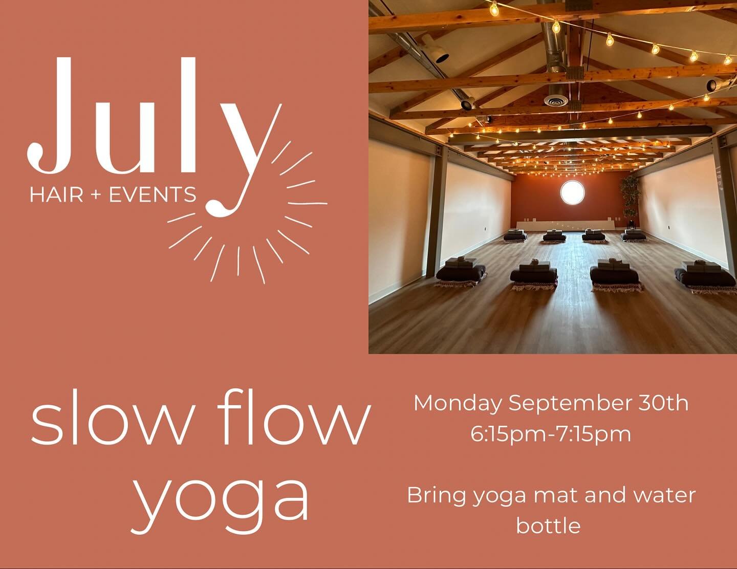🧘🧘&zwj;♀️🧘&zwj;♂️

Come join us for a relaxing and rejuvenating yoga session at July Hair and Events. Slow Flow Yoga is perfect for all levels, whether you&rsquo;re a beginner or a seasoned yogi. This in-person event will help you unwind, stretch,