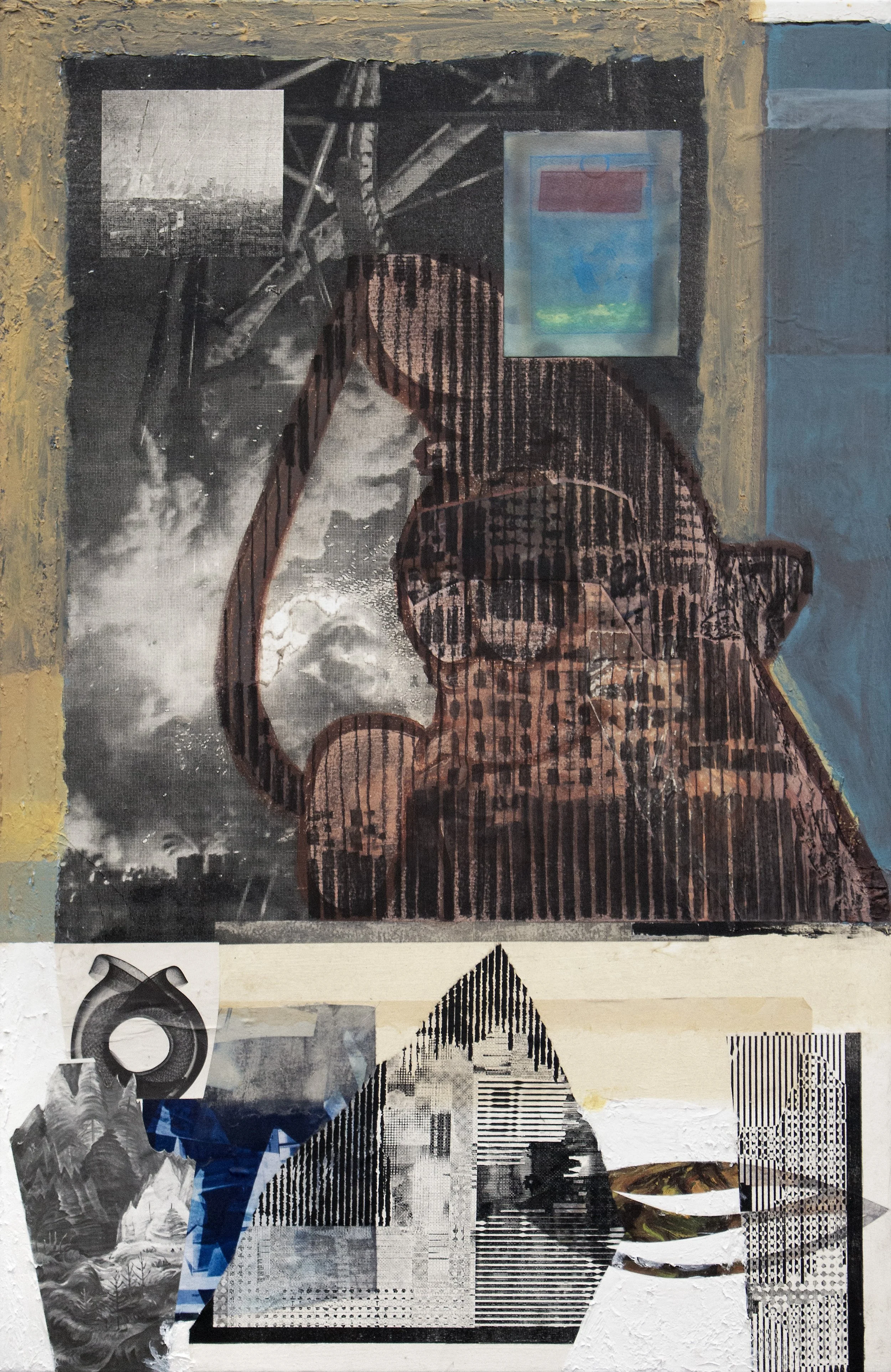 Hooked (2026) Collage, acrylic, oil, and charcoal on canvas