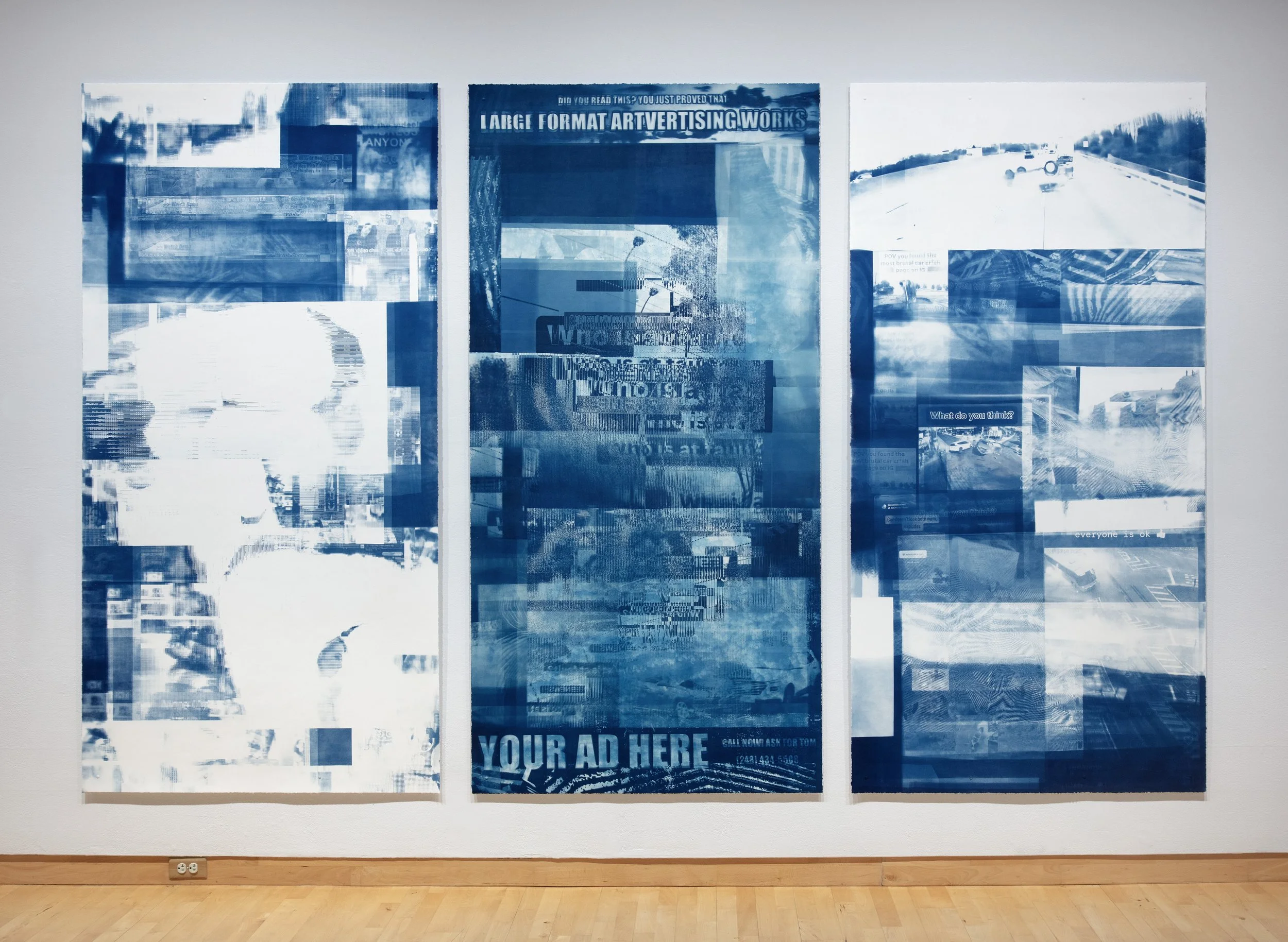 Triptych: Undress Anyone, Who is at Fault?, What do you think? (2025) Cyanotype