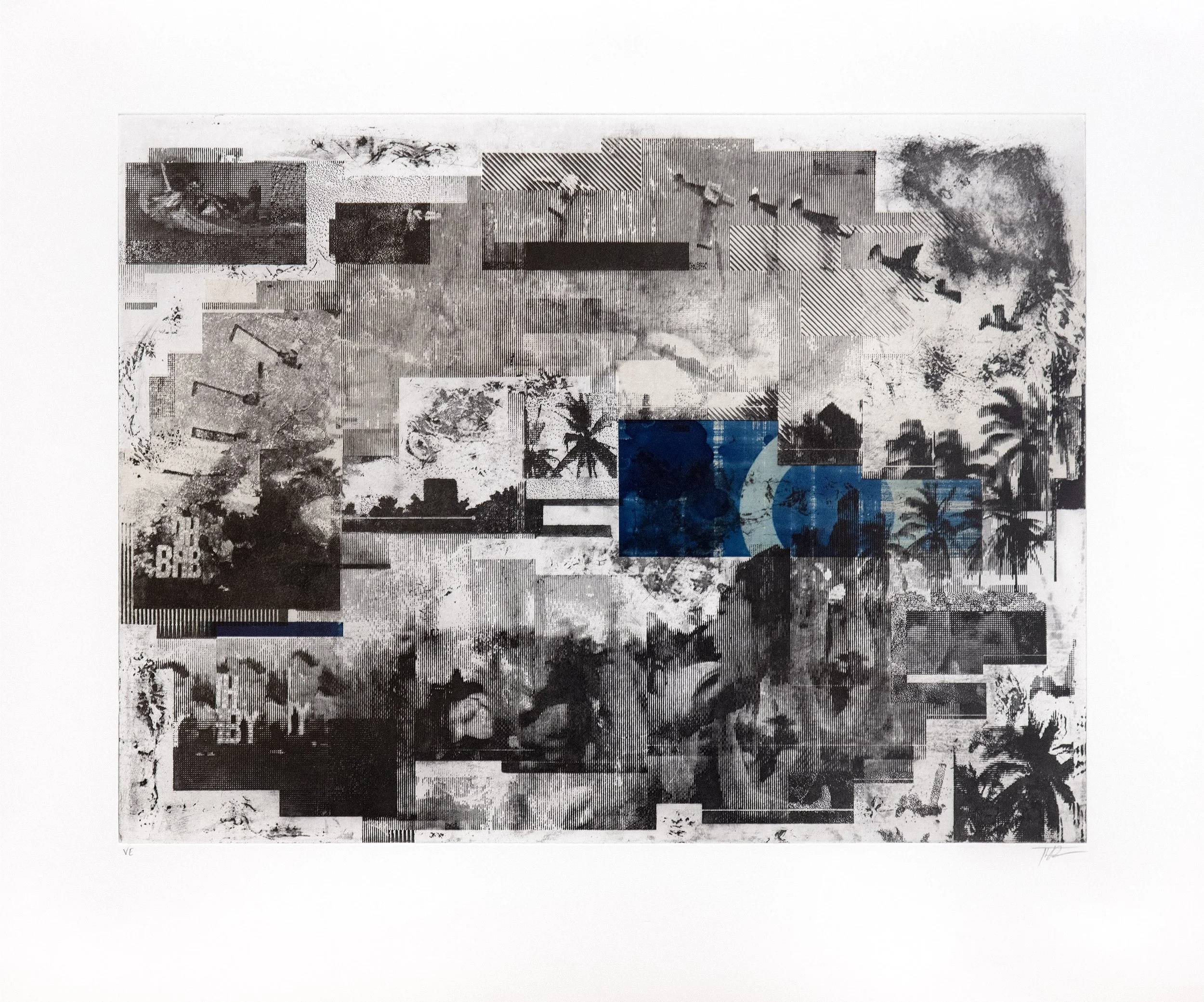 Reveal / Crash (2025) Etching with chine-collé collage