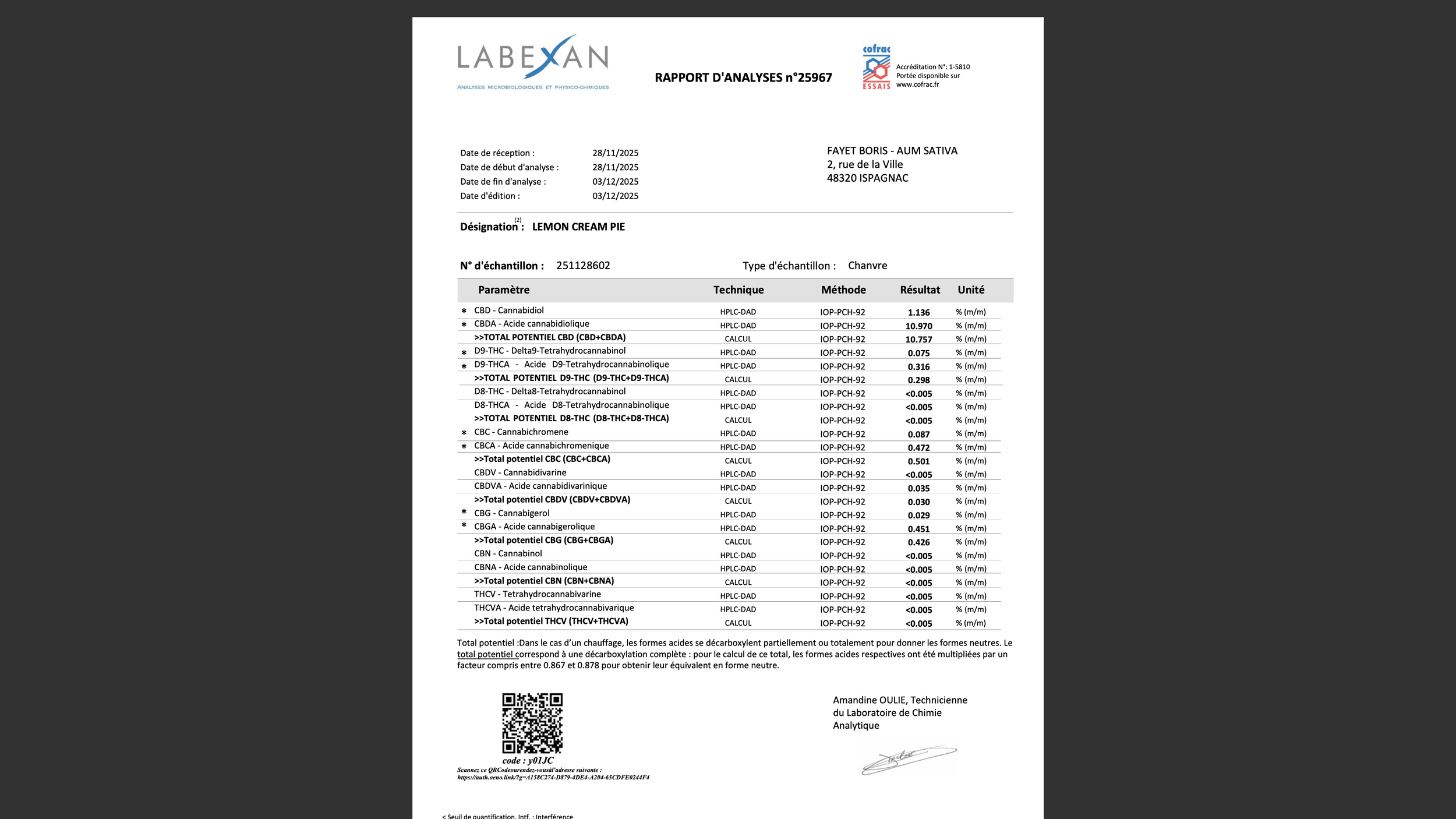 Rapport d'analyses microbiologiques et physico-chimiques d'un échantillon de citron à la date du 28 novembre 2025, avec divers paramètres et résultats, signé par Amandine OULIE, technicienne du laboratoire de chimie analytique.