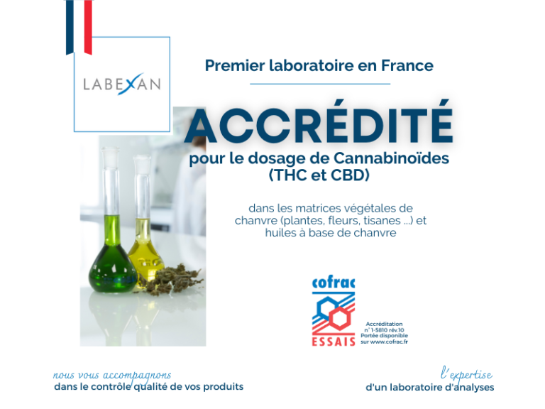 Affiche annonçant un laboratoire français agréé pour le dosage de cannabinoïdes THC et CBD dans des matrices végétales comme chanvre, fleurs, tisanes, huiles.