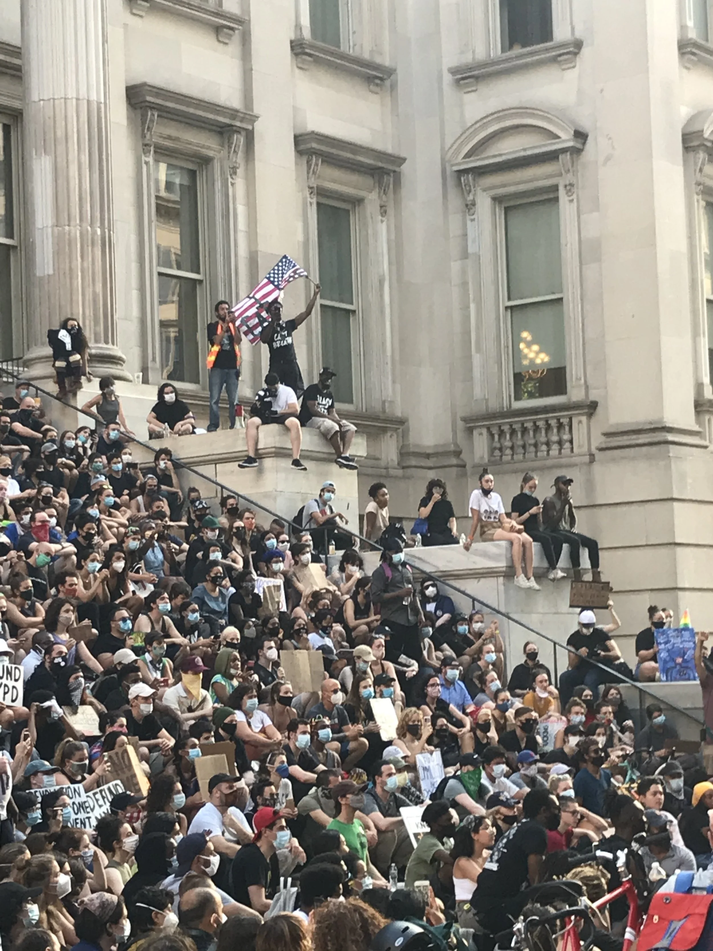A large group of people gathered on the steps of a historic building with ornate windows and columns, many wearing masks, some holding protest signs, and a person holding an American flag.