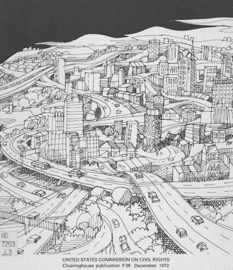 Line drawing of a cityscape with highways, bridges, and various buildings, from a 1972 publication by the U.S. Commission on Civil Rights.