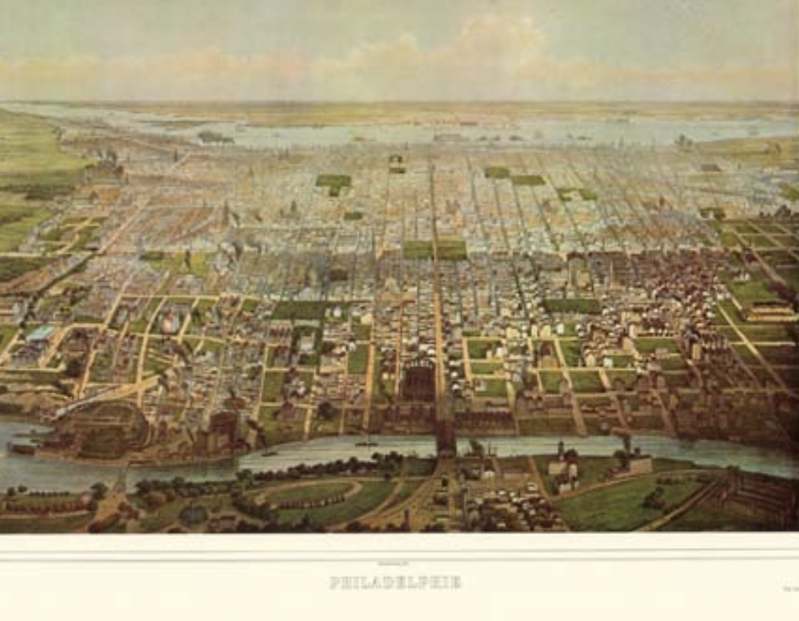 A vintage map illustration of Philadelphia showing city streets, neighborhoods, parks, and the Delaware River.