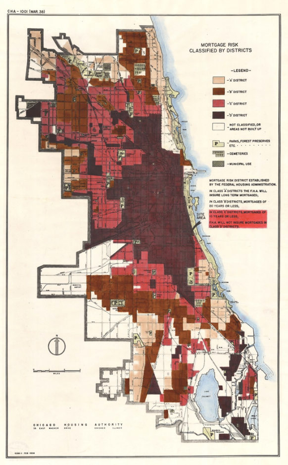 Map of Chicago showing mortgage risk districts, with color coding to indicate different district classifications, parks, cemeteries, and municipal areas, created by the Chicago Housing Authority.