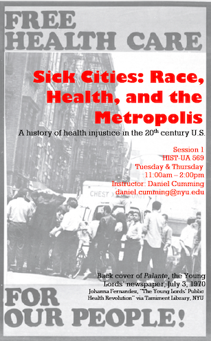 Cover of a publication titled 'Sick Cities: Race, Health, and the Metropolis', featuring historical photos of people and a reference to a 1970 newspaper article about health injustice.