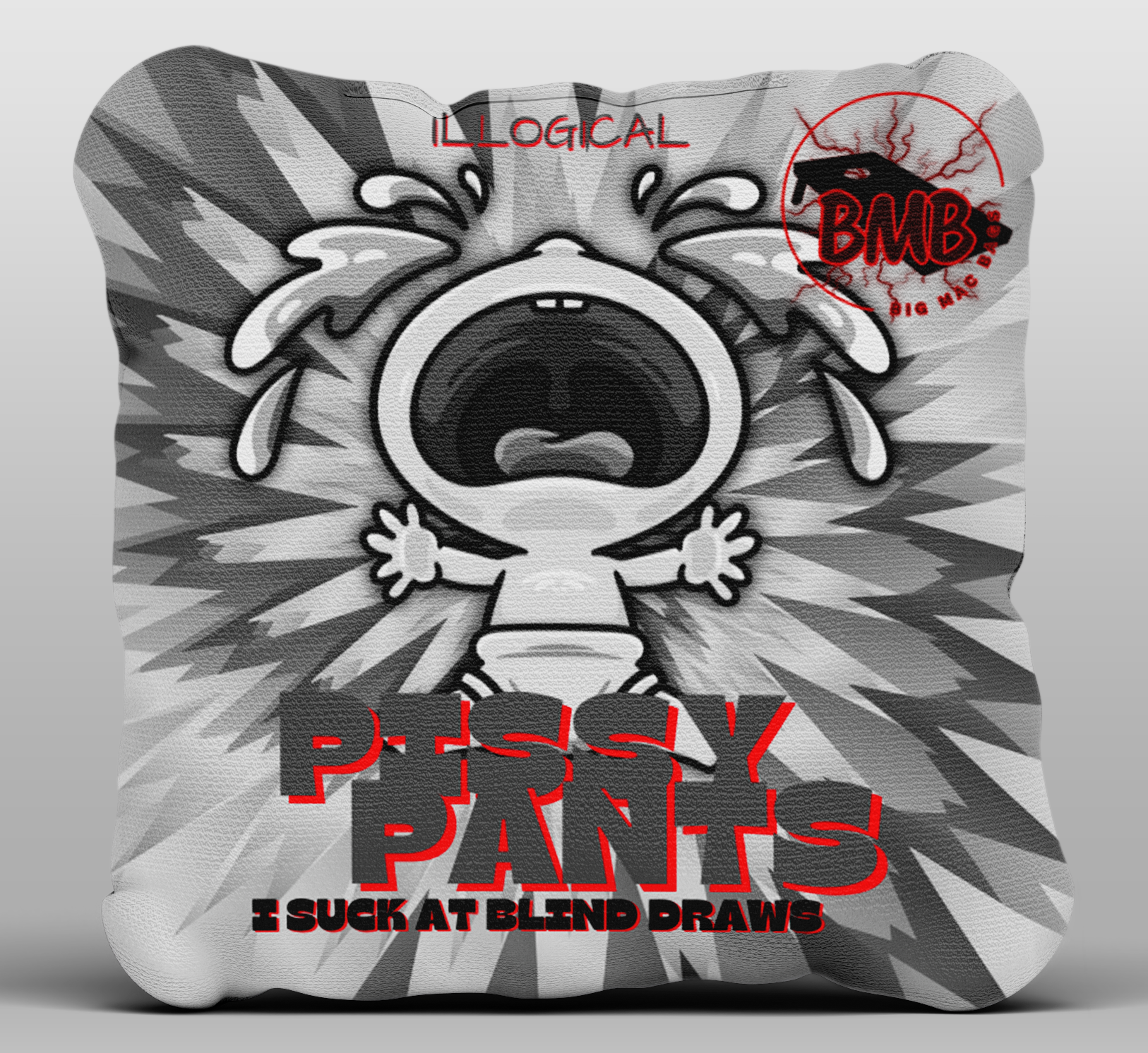 A comic-style illustration of a crying baby with the text "PISSY PANTS" and "I SUCK AT BLIND DRAWS." There is a red stamp with the words "BMB" and "BIG MAC BAGS" in the top right corner.