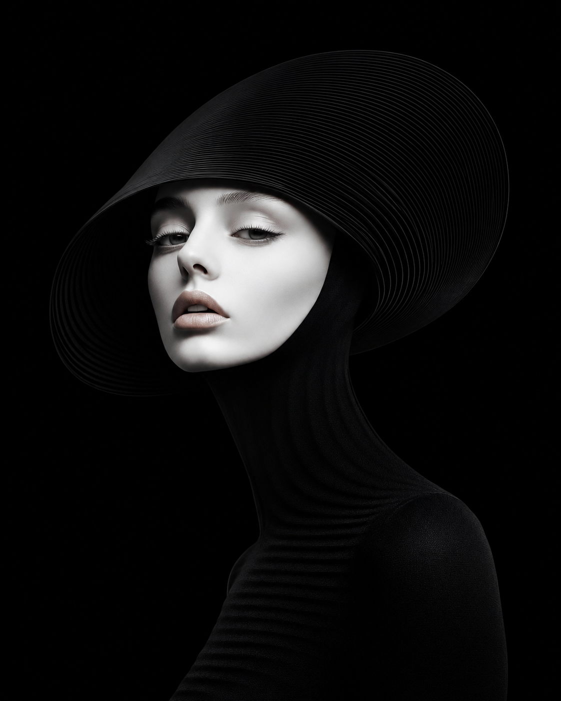 A portrait of a woman with pale skin, light lips, and arched eyebrows, wearing a large black hat with concentric lines, set against a black background.