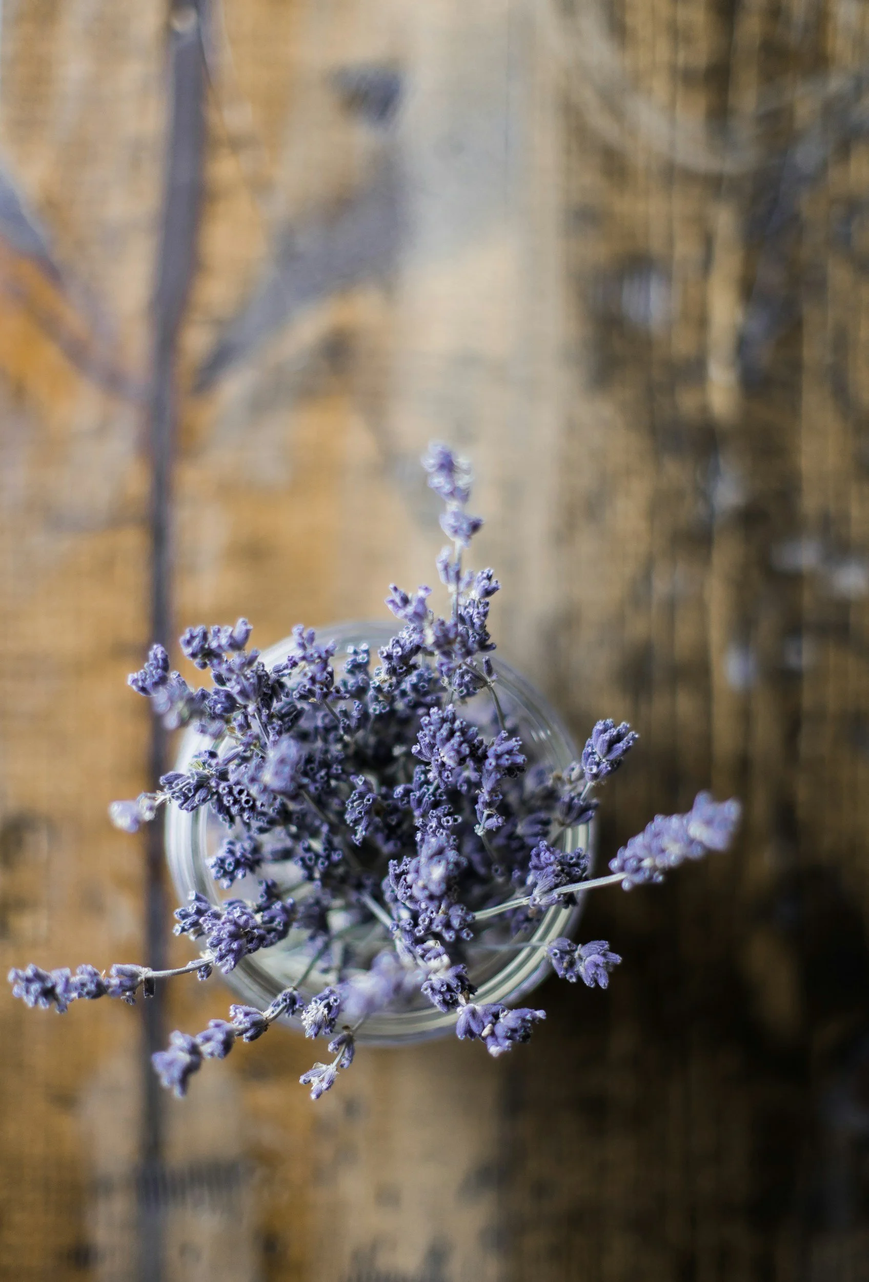 Top-down view of a jar filled with lavender flowers on a wooden surface.