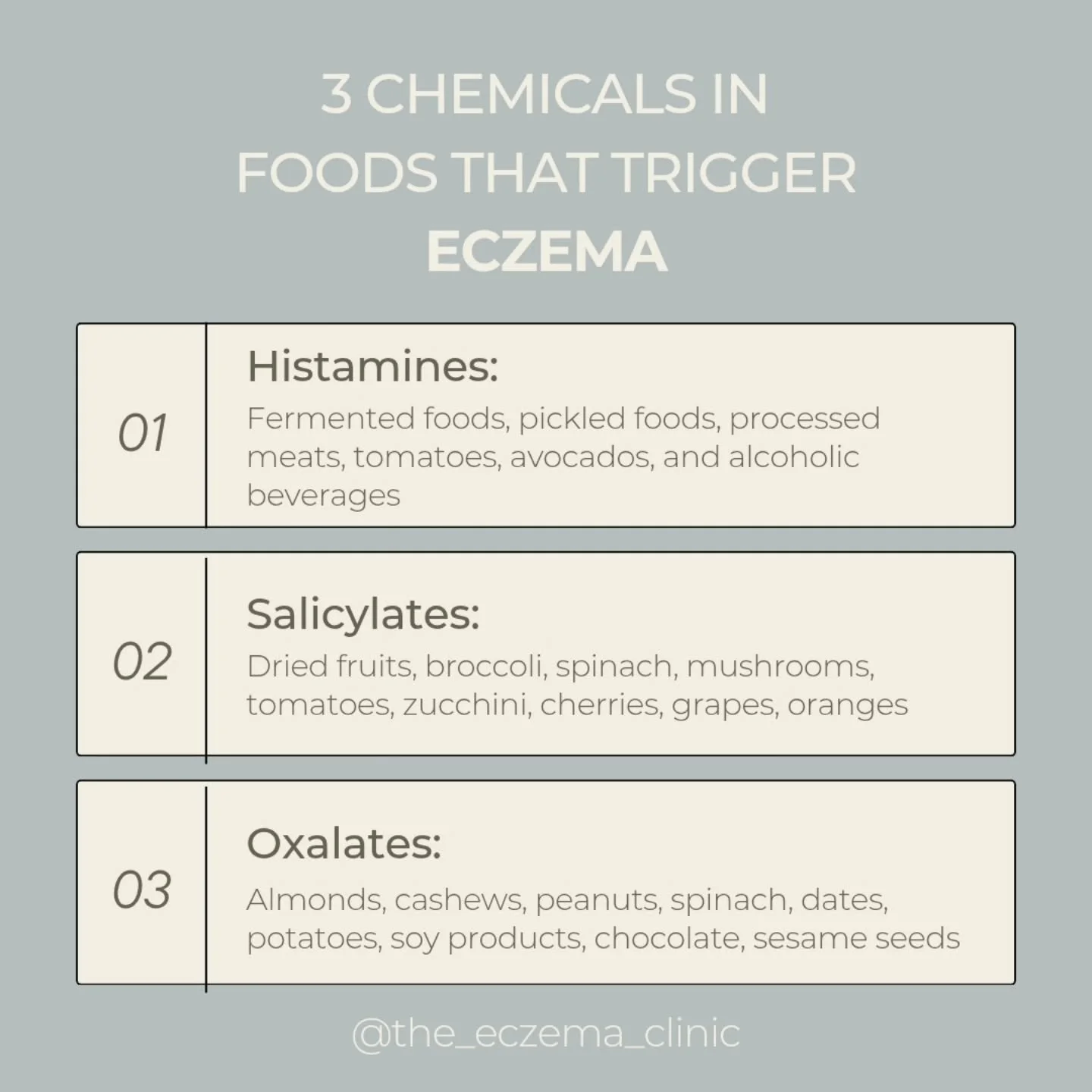 🌿 Could These Hidden Food Triggers Be Worsening Your Eczema? 

Not all healthy foods are eczema-friendly. Some contain natural chemicals that can trigger flare-ups. 

❌ Histamines &ndash; Found in aged &amp; fermented foods
❌ Salicylates &ndash; In 