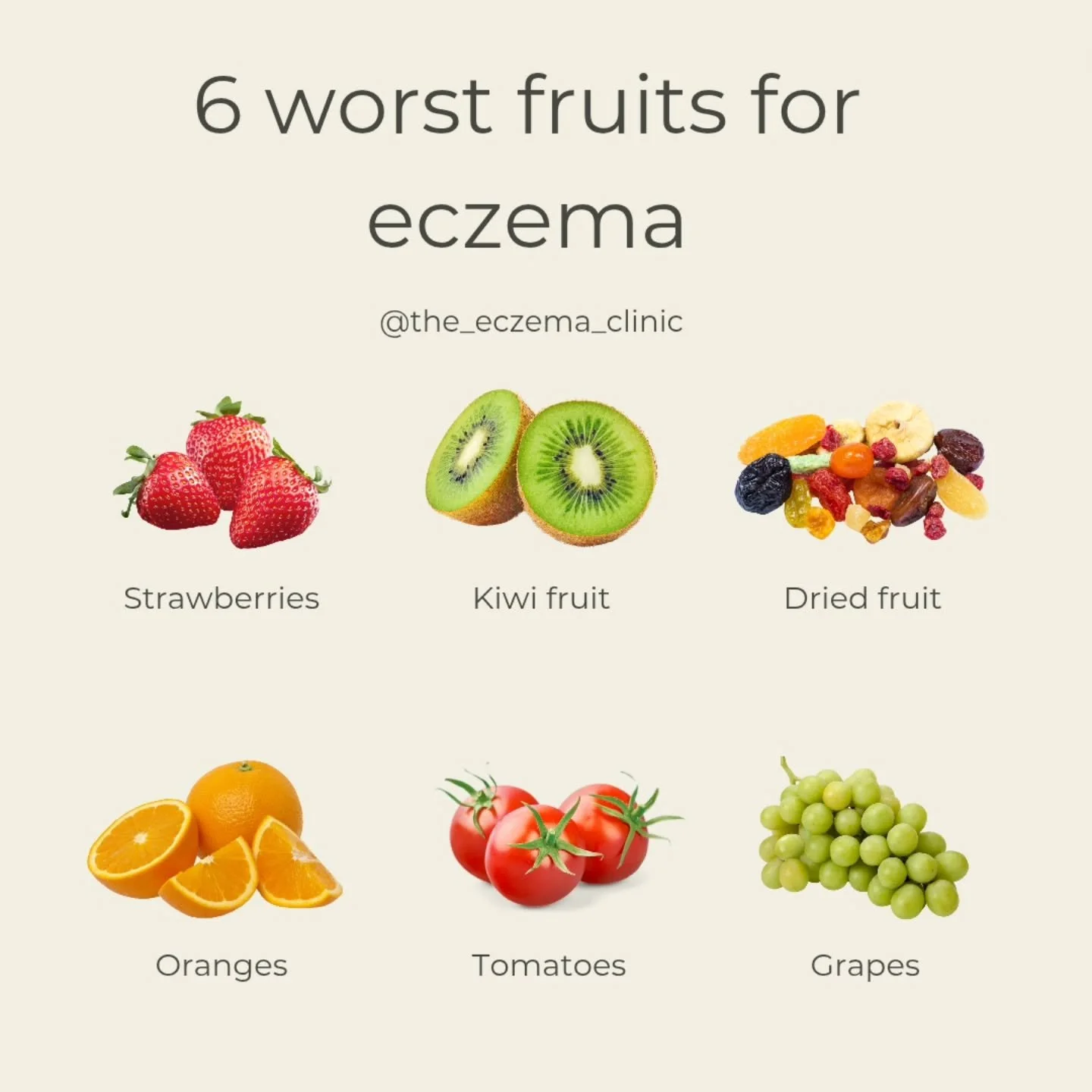 🍓 Could these fruits be triggering your eczema?

Not all fruits are eczema-friendly! While they're packed with nutrients, some can trigger flare-ups due to their high acidity, histamines, or salicylates. 

❌️ Fruits that may worsen eczema:

🍋 Citru