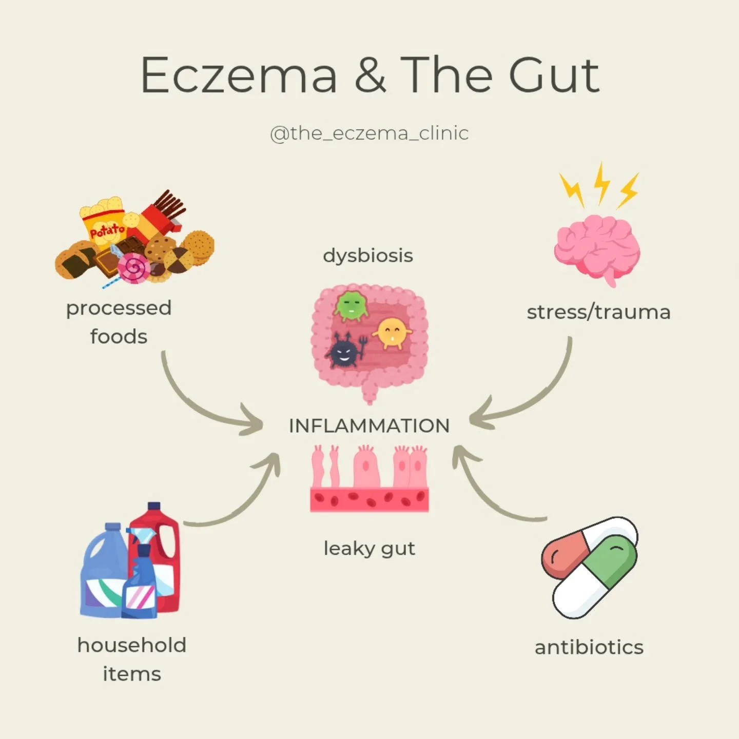 ECZEMA &amp; THE GUT //

Here are some things that can cause our gut to be inflamed. When we have inflammation within the gut, it can cause skin irritation like eczema due to the gut-skin connection. 

Remember: a healthy gut = healthy skin 💚

#ecze