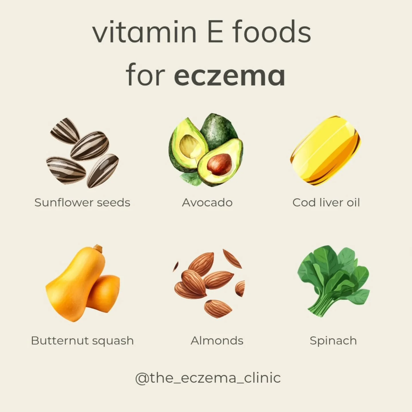 ✨ Vitamin E for Eczema ✨️

Vitamin E helps protect your skin barrier, calm inflammation, and support healing from the inside out 💛

🌿 Eczema-friendly sources include:
🥑 Avocados
🌻 Sunflower seeds
🫒 Olive oil and cod liver oil
🌰 Almonds
🥦 Spina