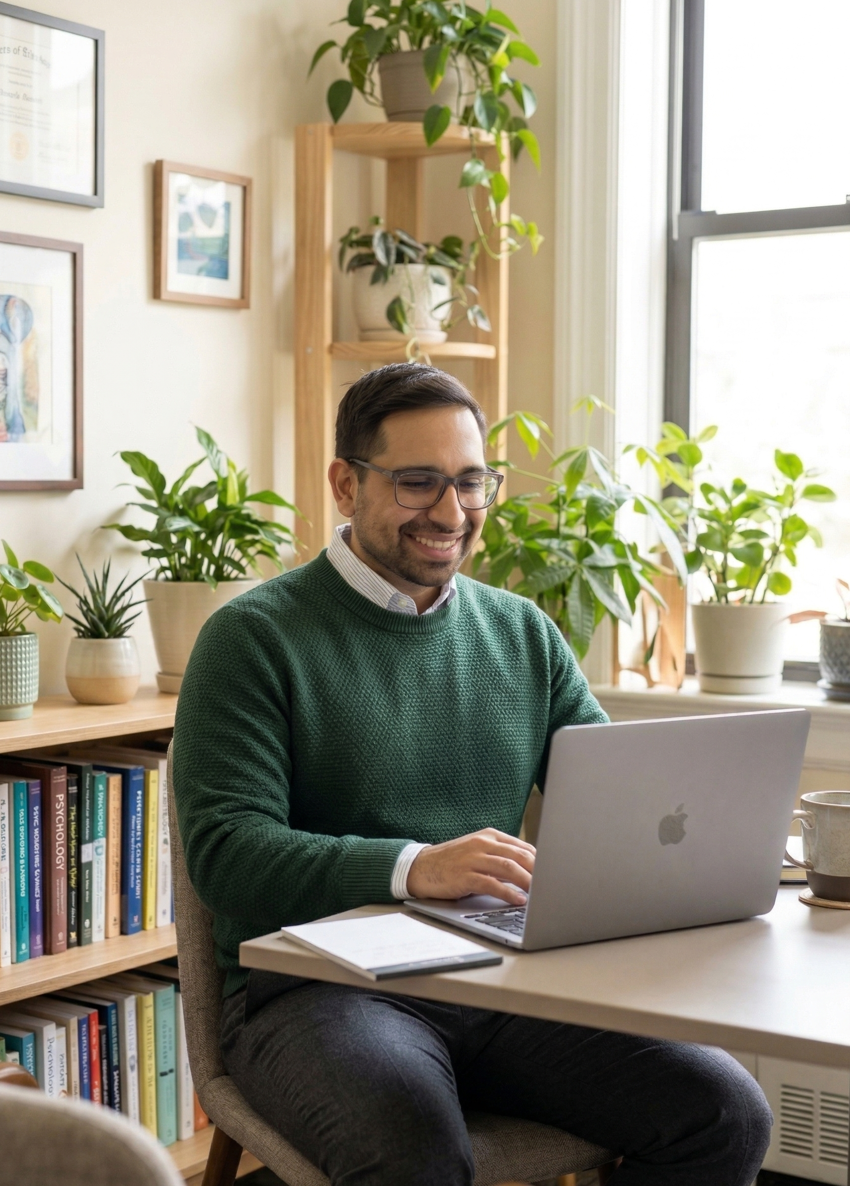 A man smiling and working on a laptop at a desk surrounded by potted plants in a well-lit room.