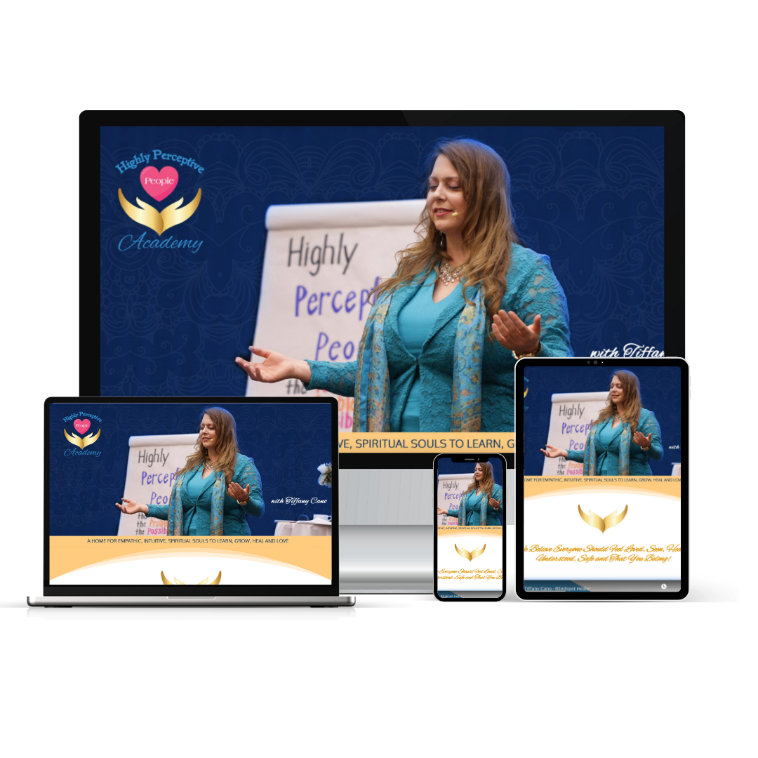 A woman giving a presentation on performative perception, with a whiteboard that says 'Highly Perceptive People' in the background on multiple electronic devices.