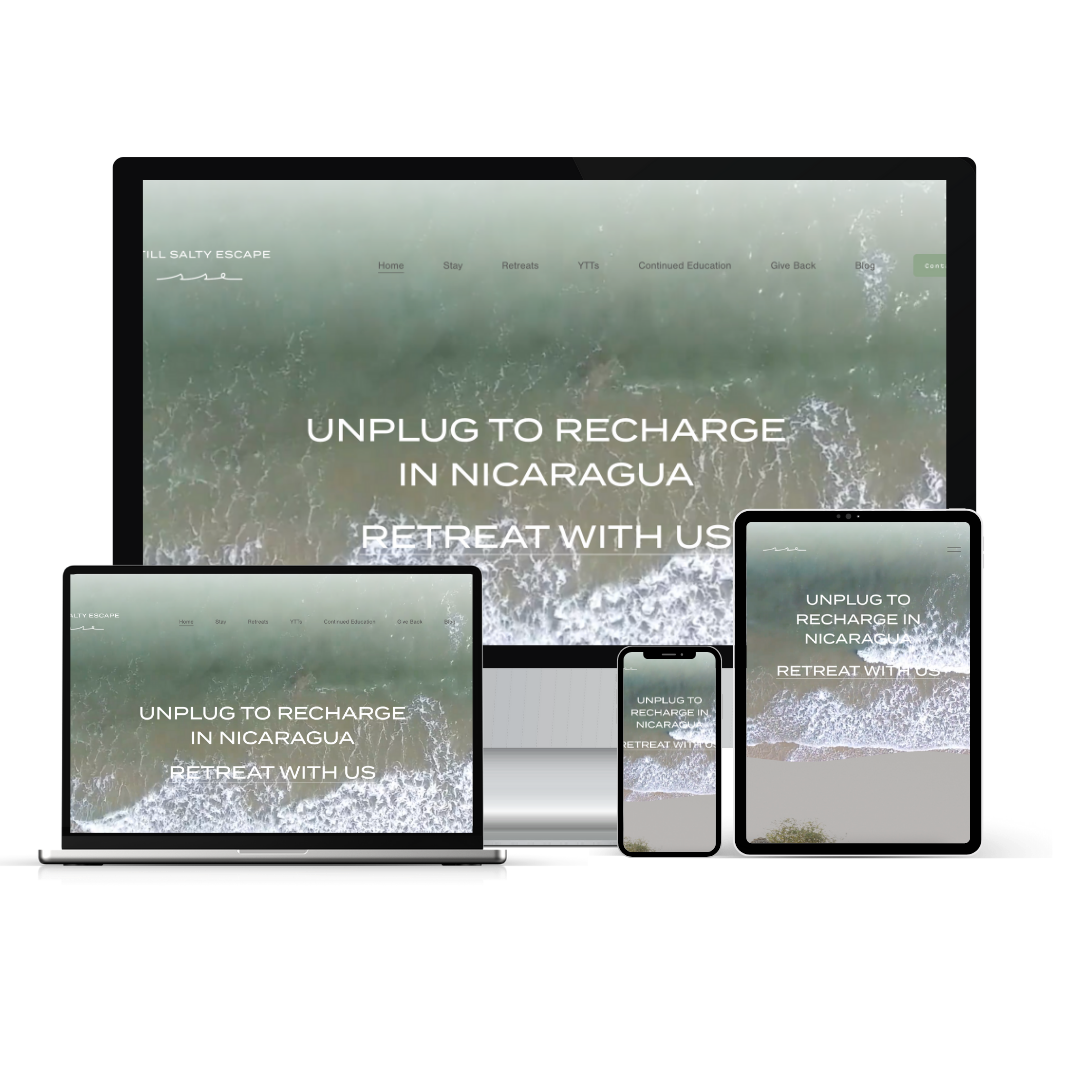 A website displayed on various devices promoting a Nicaragua retreat with the text "Unplug to recharge in Nicaragua, retreat with us" over an aerial ocean view.