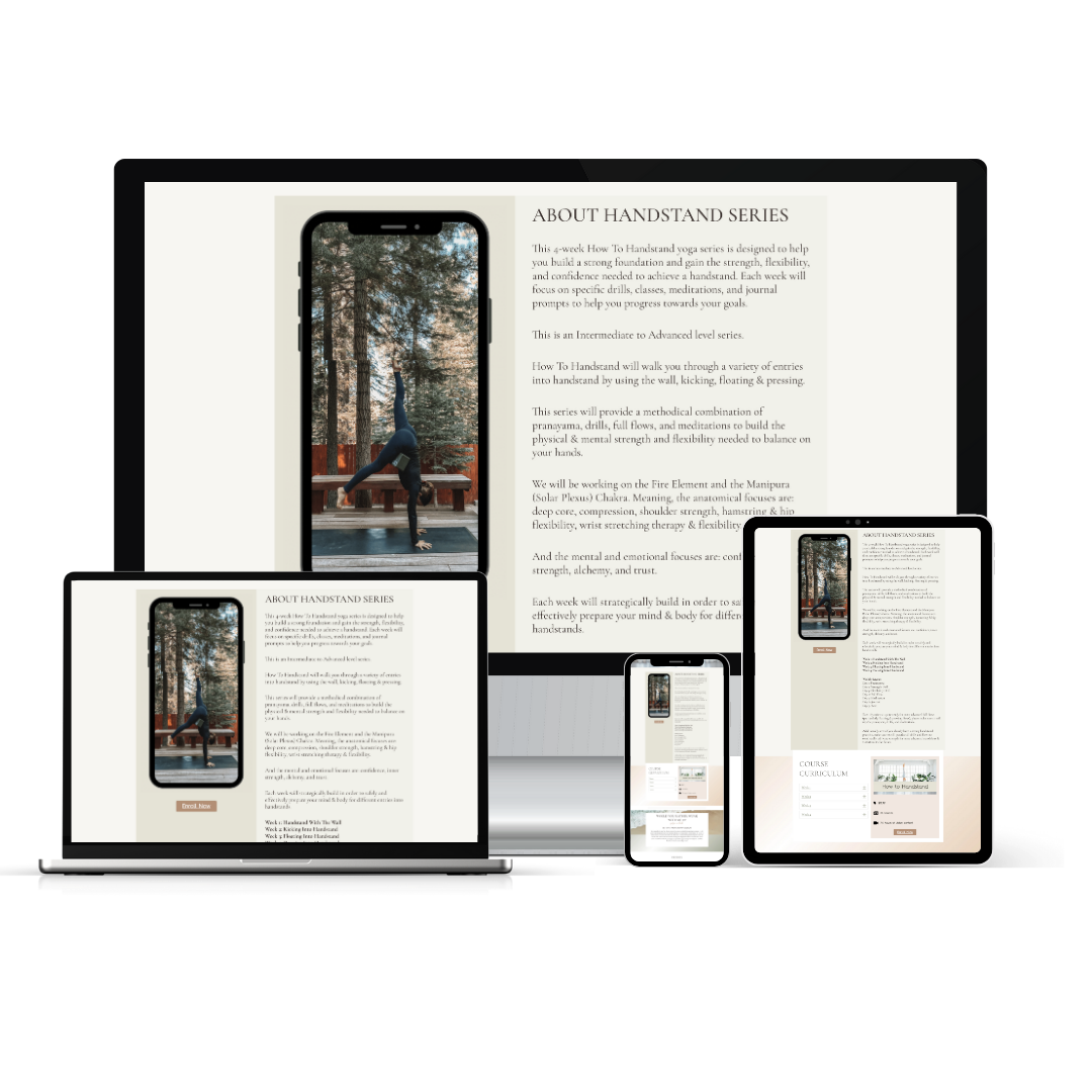 Multiple electronic devices displaying a webpage about a handstand yoga series, featuring a woman performing a handstand outdoors in a forested park.