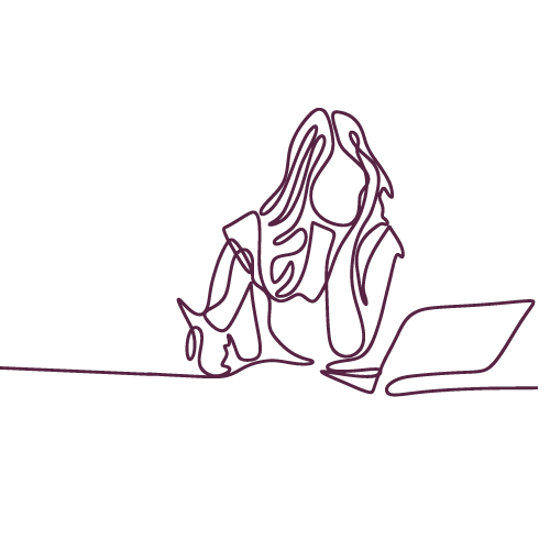 Line drawing of a person with long hair using a laptop at a desk.