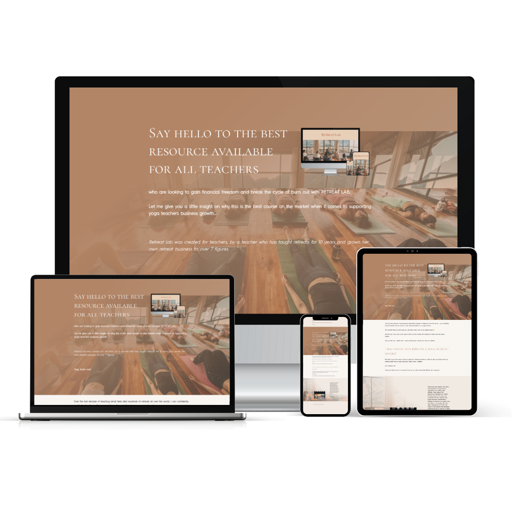 Responsive website shown on multiple devices displaying a resource for teachers, with a background image of a yoga class in a studio and text highlighting its benefits for teachers.