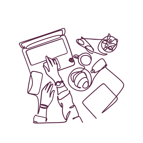 Line drawing of a person using a tablet at a desk with coffee cups, a bowl of snacks, and a smartphone.