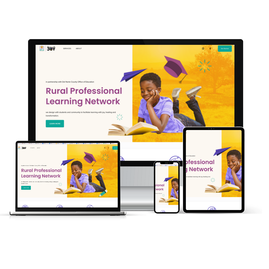 Responsive website design displayed on various devices including a laptop, tablet, and phone, promoting a rural professional learning network with a smiling child reading a book against a vibrant yellow-orange background.