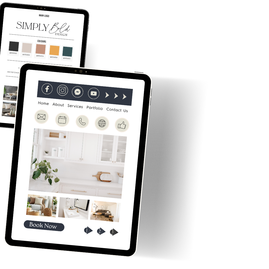 Two tablets displaying website interfaces for interior design and home services, one showing color swatches and the other showcasing furniture images and navigation options.