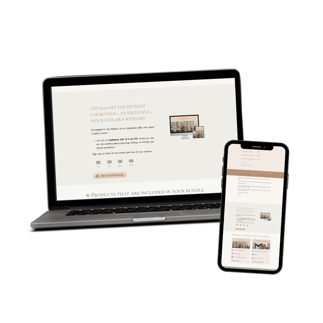 Laptop and smartphone displaying a promotional webpage for a retreat event with a beige and white color scheme.