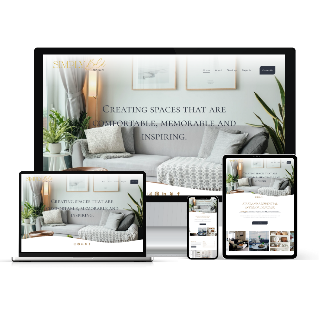 Multiple electronic devices displaying a website for interior design, featuring a modern living room with a sofa, picture frames, and plants, alongside text about creating comfortable and inspiring spaces.