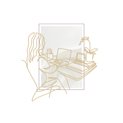 Line drawing of a woman sitting on a couch, working on a laptop, with a potted plant and coffee mug nearby, overlaid on a photo of a cozy living room.