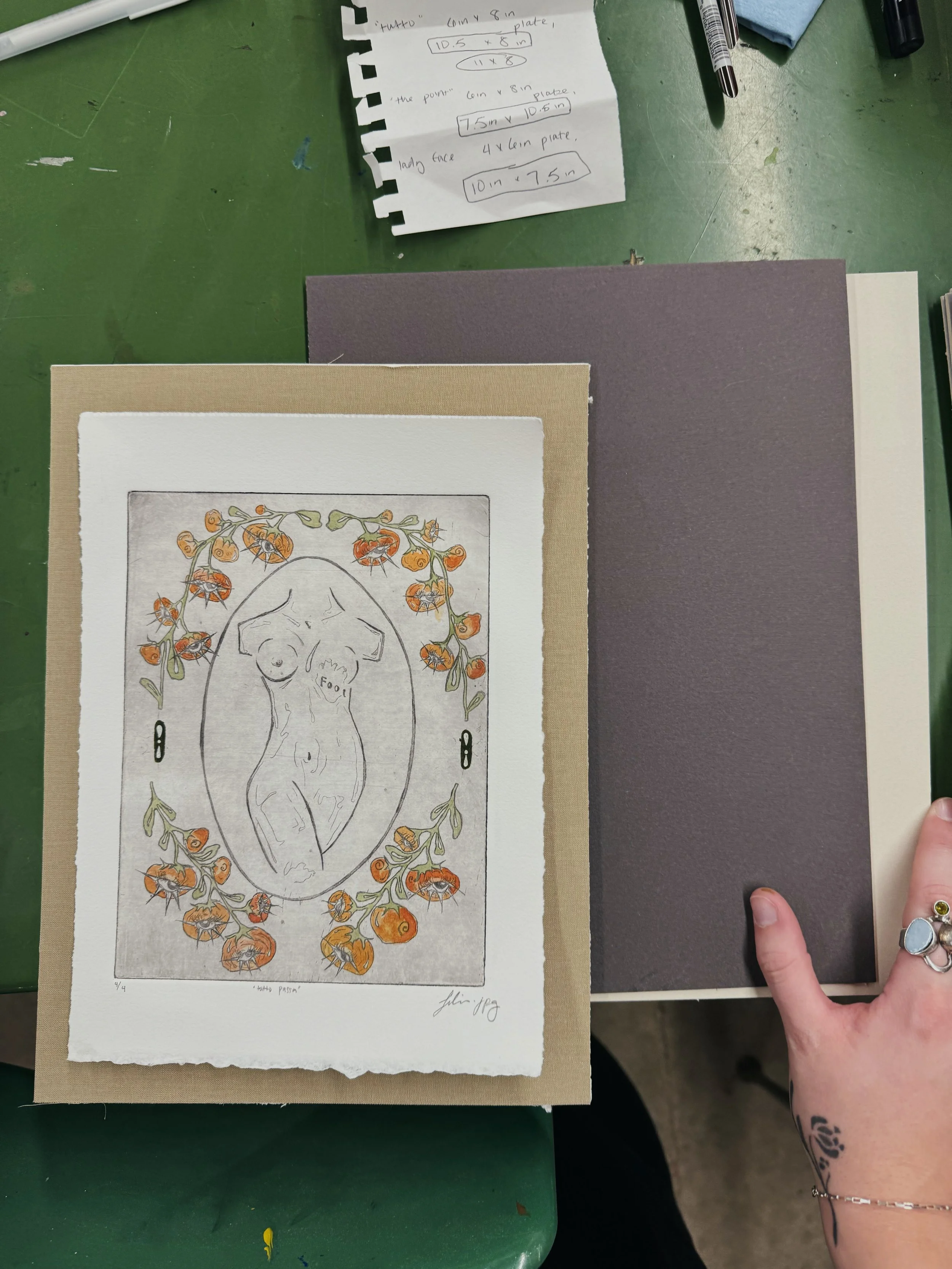 "tutto passa" copper plate print with hand coloring, 2024