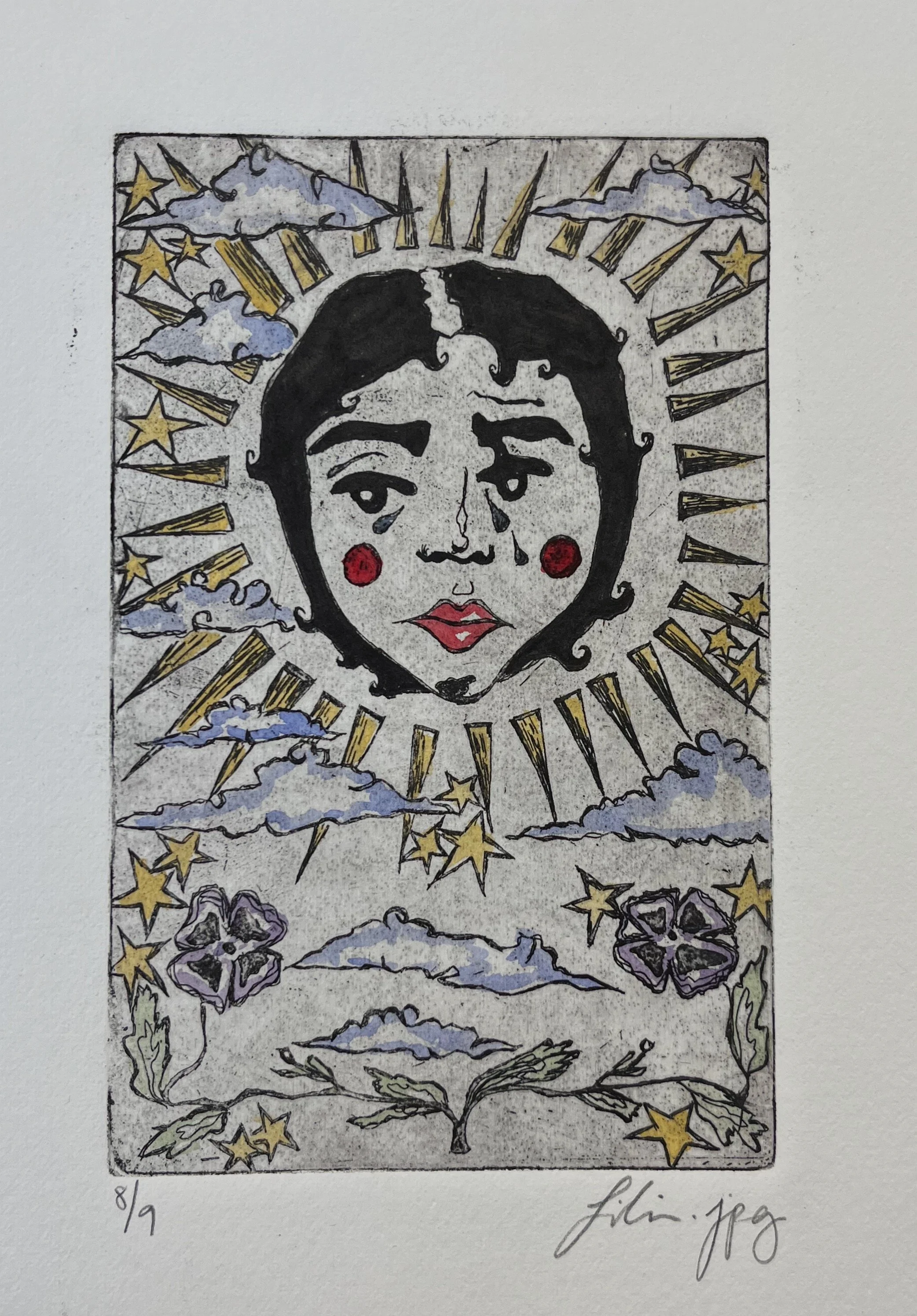 lady face copper print with hand coloring, 2024