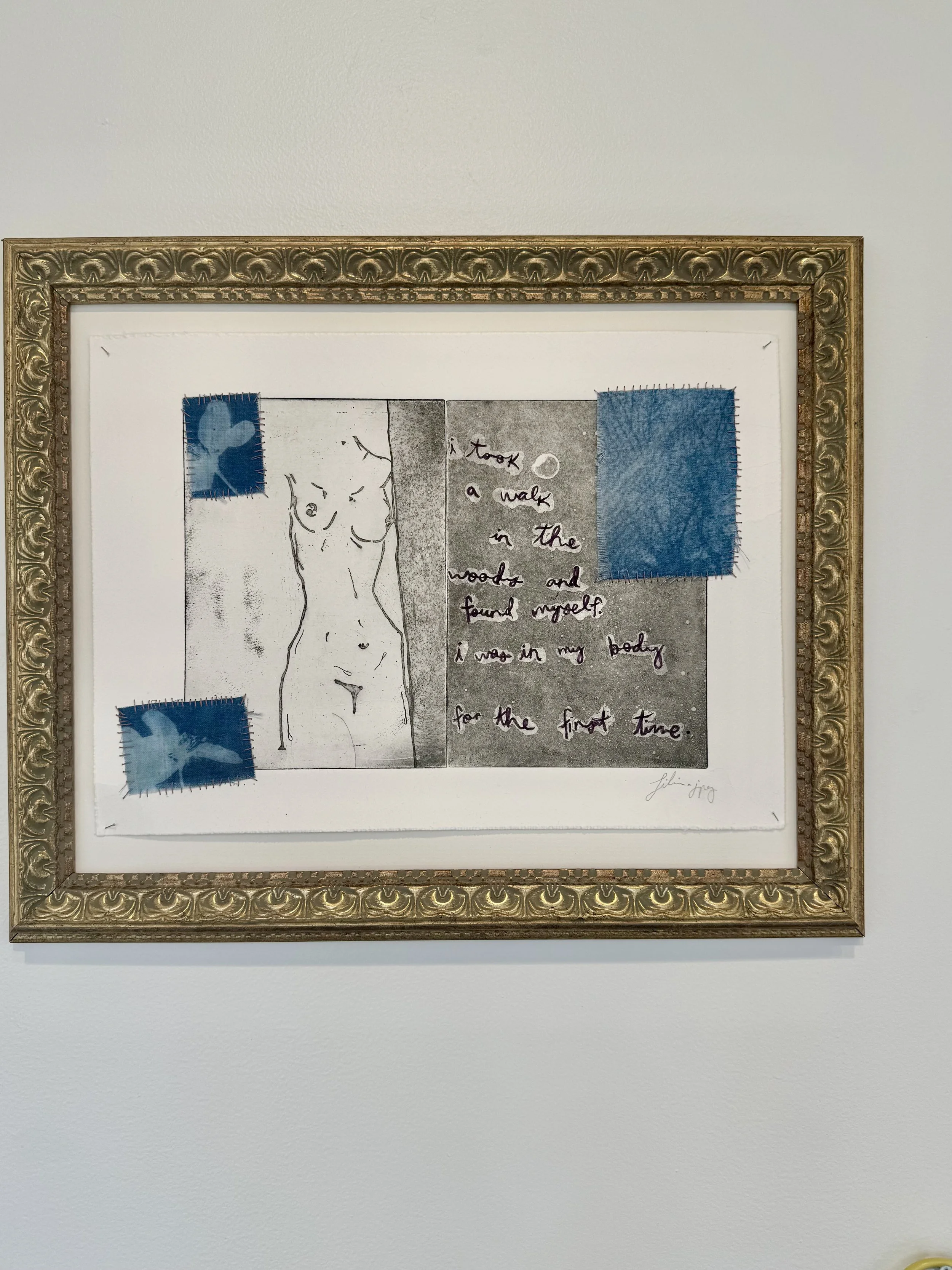 "back in my body" 2 copper plate print with sewn on cyanotype patches and ink, 2024