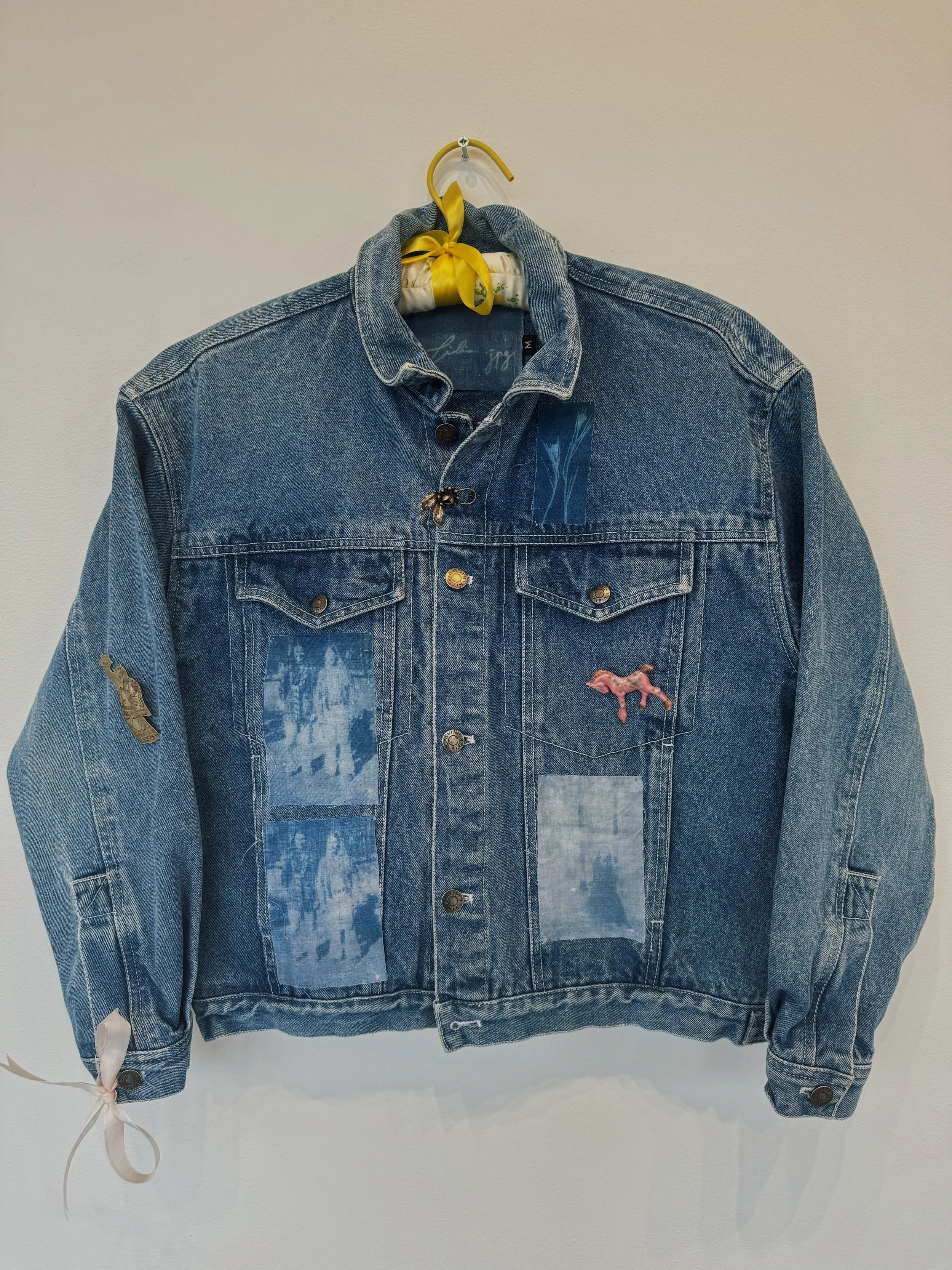 vintage jean jacket with handmade cyanotype patches and vintage pins, 2024