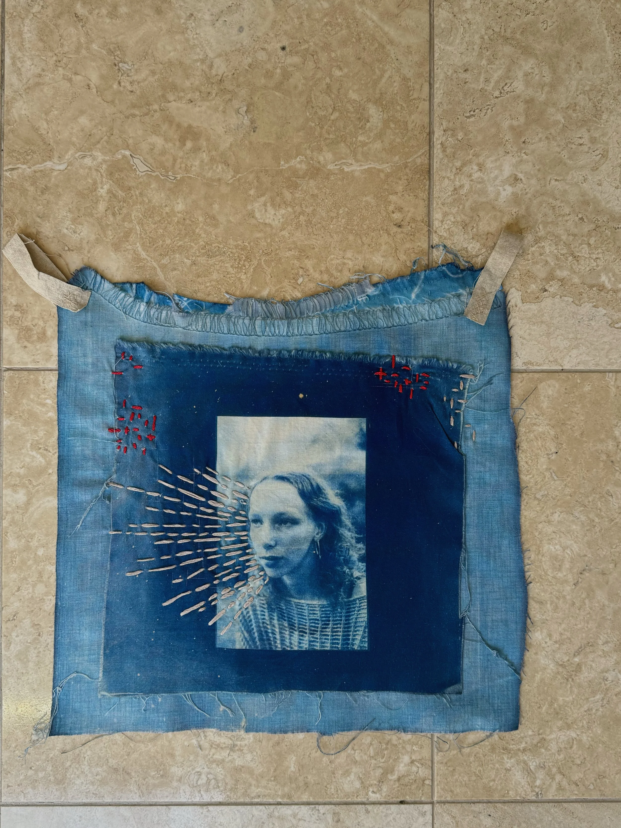 handmade cotton cyanotype wall hanging with hand stitching, 2024