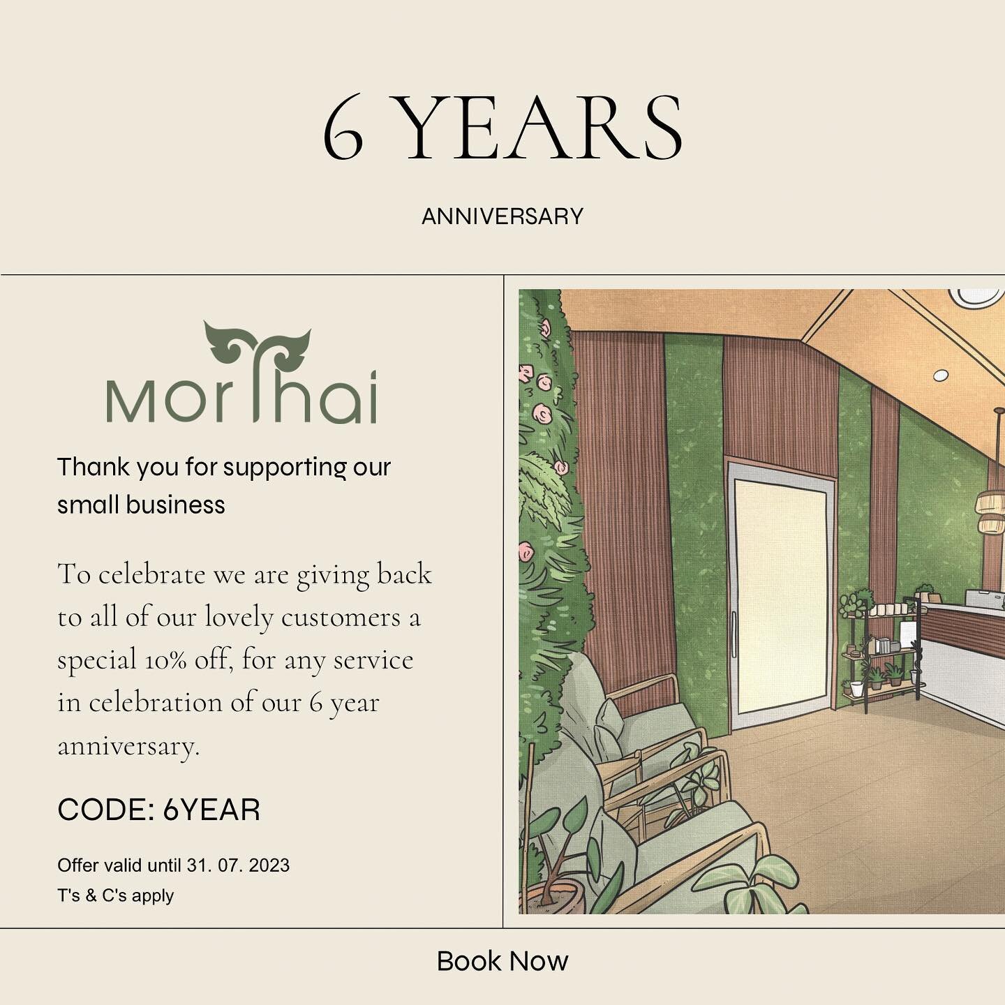 Mor Thai&rsquo;s six year anniversary has arrived! Our team would like to say a big thank you to our lovely customers with a 10% off all services. To claim simply enter the promo code while making your online booking! 

#morthai